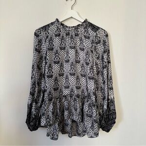 NWOT Ne Quittez Pas 100% Silk Paisley Print Bohemian Blouse Black & White Size S